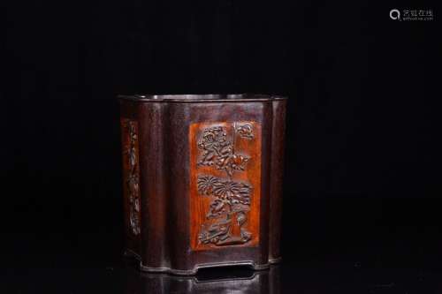 A Rosewood Brush Pot With Plum Bottle