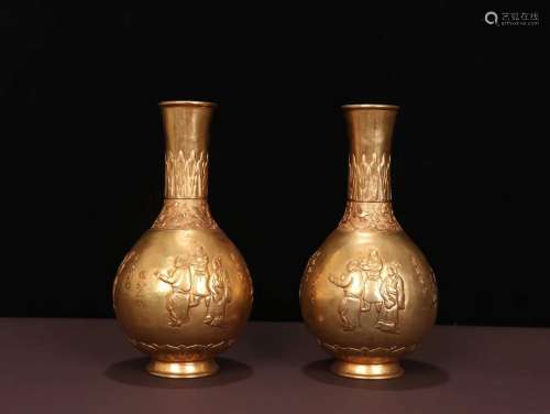 Pair Of Gilt Bronze Story Carved Vases
