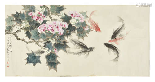 GUO RUYU: INK AND COLOR ON PAPER PAINTING 'FLOWERS AND FISH'