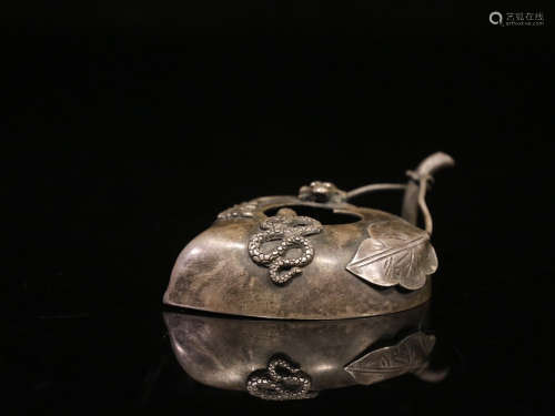 SILVER CAST AND CARVED 'FROG AND SNAKE' SMALL SPITTOON