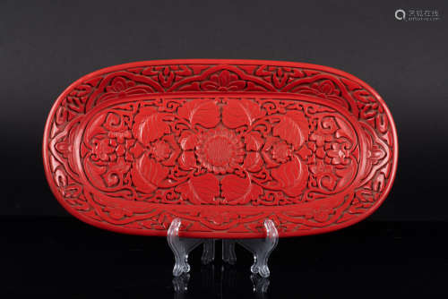CINNABAR LACQUER CARVED 'FLOWERS' DISH