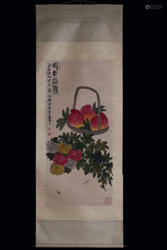 QI BAISHI: INK AND COLOR ON PAPER PAINTING 'FLOWERS AND PEACHES'