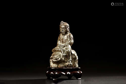 BLACK STONE CARVED MANJUSRI SEATED FIGURE