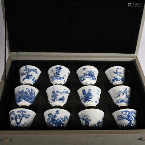 Qing Dynasty Kangxi blue and white twelve flower god cup