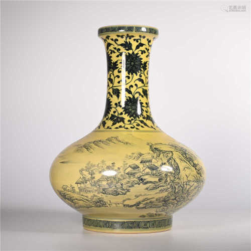 Qing Dynasty Yongzheng yellow glaze ink color landscape pattern bottle
