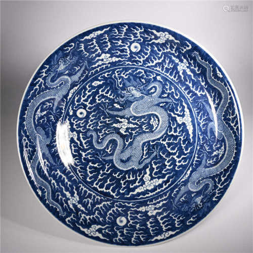 Blue and white dragon plate in Qing Dynasty