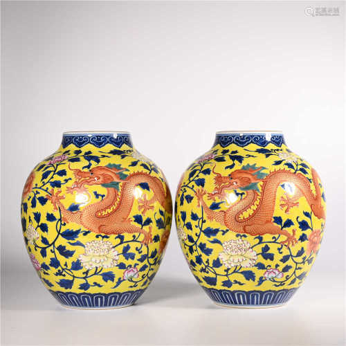 A pair of blue and white red dragon shaped pots in Qianlong of Qing Dynasty