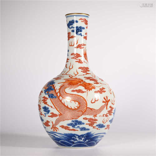 Qing Dynasty Qianlong blue and white red dragon vase