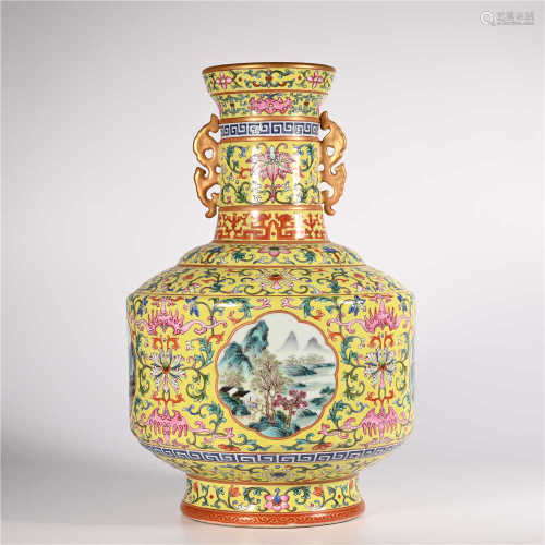 Qing Dynasty Qianlong pastel vase with two ears