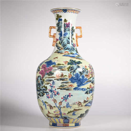 Qing Dynasty Qianlong pastel vase with two ears