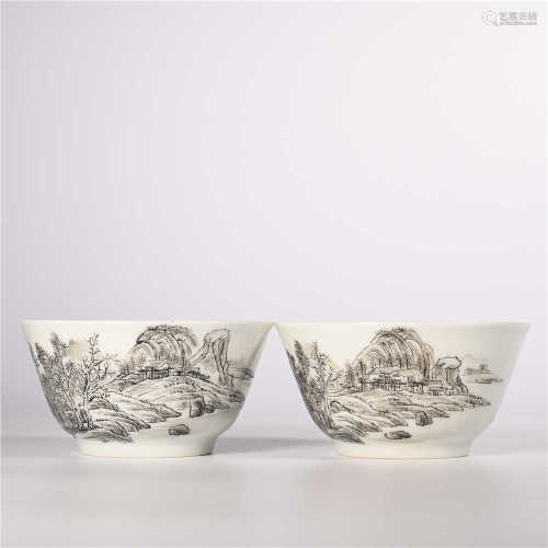 A pair of ink and color bowls in Yongzheng of Qing Dynasty