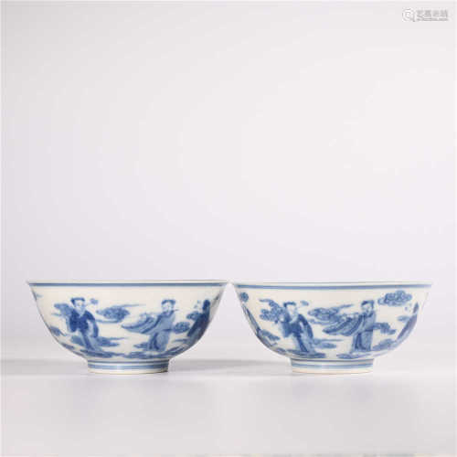 A pair of blue and white character bowls in Daoguang of Qing Dynasty