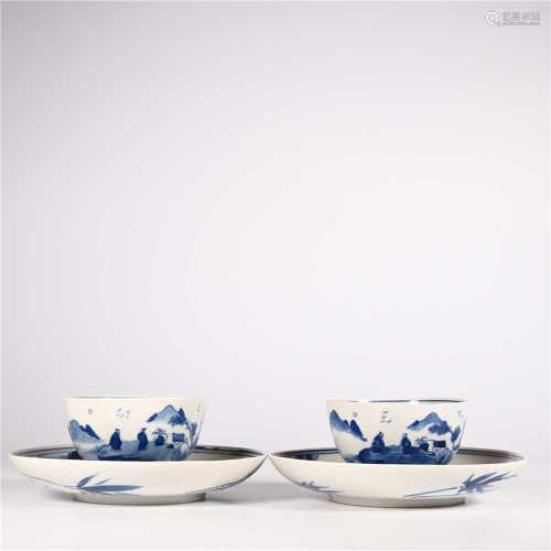A set of blue and white tea cups in Qing Dynasty