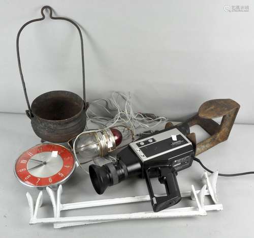 Assorted items, including a Panasonic video camera, Metamac clock,