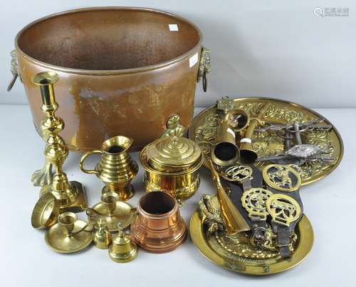 Assorted metalware to include; copper log basket with lion mask handles, candlesticks,