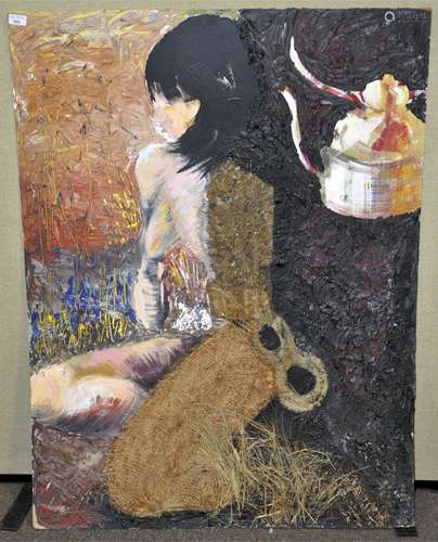 A contemporary mixed media portrait of a seated woman with kitten and mask, un-framed,