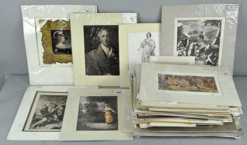 A box of assorted mounted prints, including etchings,