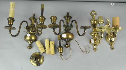 Two pairs of 19th century style brass wall sconces, one pair single,