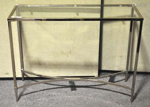 A contemporary chromed and glass console table. Measures; 77cm x 100cm.