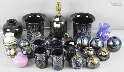 A large collection of Guernsey Island Studio glass, to include vases, scent bottles, lamps and jugs,