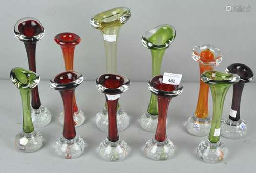 A collection of eleven 1960's Swedish bubble control bud vases of varying colours and heights,