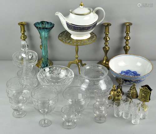 A collection of glassware and brass to include; brass candlesticks,