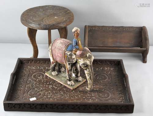 A Japanese carved hardwood low table, 25cm high, together with a rectangular carved hardwood tray,