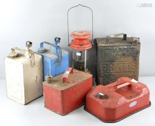 A collection of five early/mid 20th century vintage oil cans, to include Pratts, Valor and others,