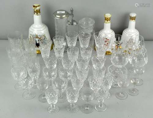 A collection of assorted cut glass, stein, brandy glasses and more. Tallest 23cm.