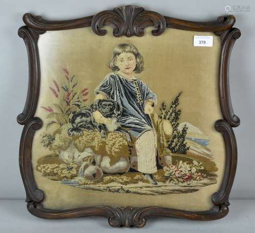 A 19th century Tapestry depicting a boy with dog, mahogany framed and glazed,