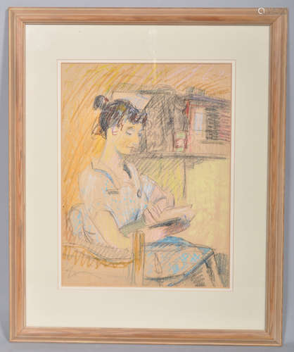 Attributed to Fritz Milward (1906-1982), Study of a Woman reading, colour chalk and crayon,