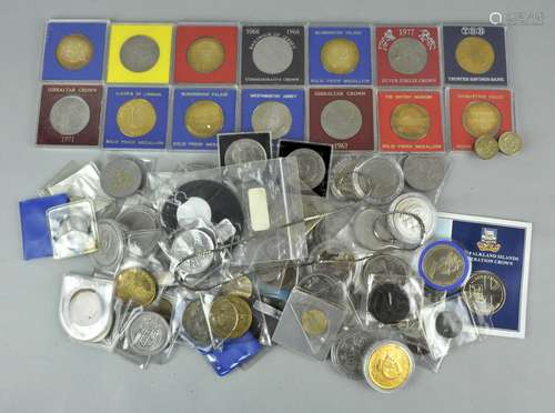 A collection of crowns and other coinage