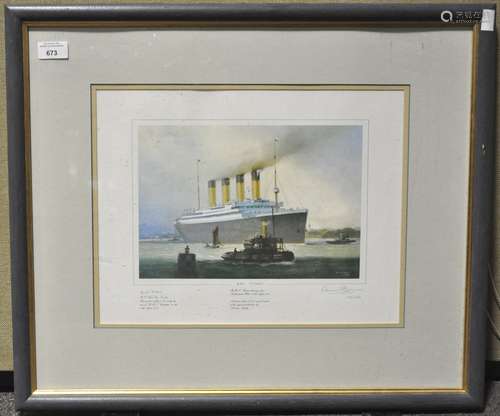 A Limited edition print of the Titanic in Southampton Water, signed by one of the survivors,