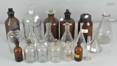 A collection of assorted glass, to include apothecary/chemists style bottles and funnels,