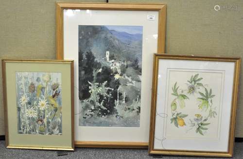 A group of three watercolours, two depicting floral scenes, all framed and glazed,