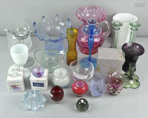 A collection of assorted glass, to include vases, candlesticks, paperweights,