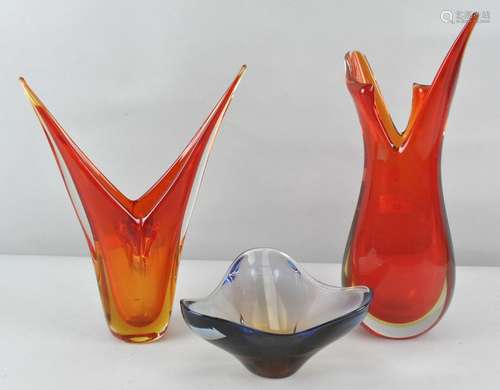 Two 1960's Murano Sommerso cased glass vases, together with a tri-form bowl,