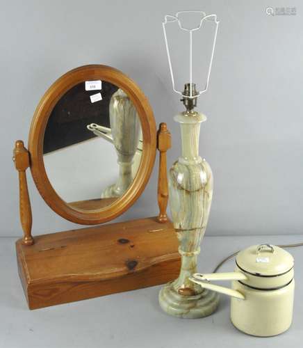 An alabaster table lamp together with a pine mirror and enamel pots