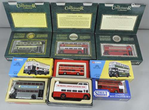 A collection of Corgi scale Die Cast model buses,