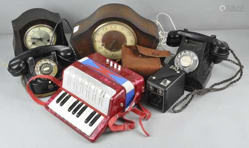 A collection of assorted collectables including two vintage telephones, two Deco clocks,