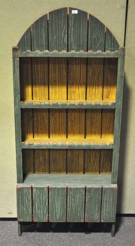 An unusual green painted three tier bookcase,