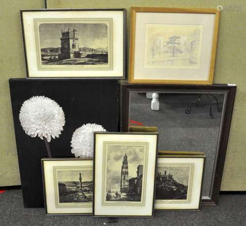 A print of Wells Cathedral, four of Portuguese scenes, two mirrors and a print of chrysanthemums,