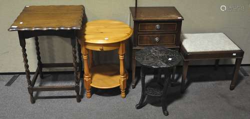 Assorted furniture, including a barley twist side table and an upholstered stool,