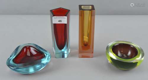 A collection of Murano Sommerso cased glass, to include two finger vases and two bowls,