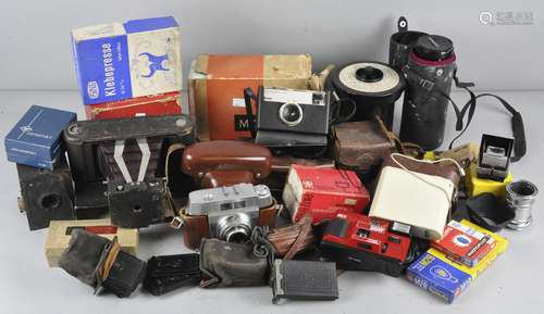 A collection of assorted camera related equipment, including Tamron SP lens,