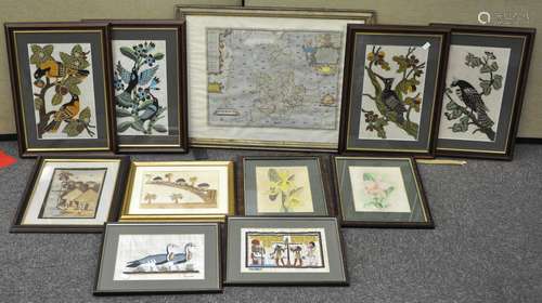 A collection of assorted pictures, to include painted fabric birds and a map of the UK,