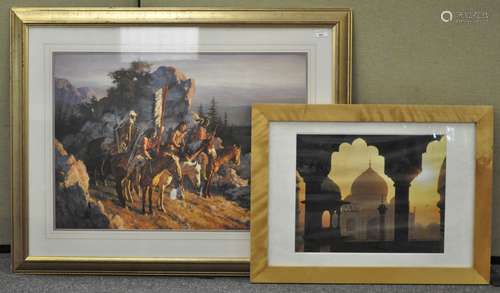 Two large framed and glazed prints, one depicting native Americans, the other depicting a temple,