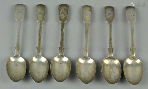 A set of six silver teaspoons in the Fiddle pattern, London 1873, 15cm long,