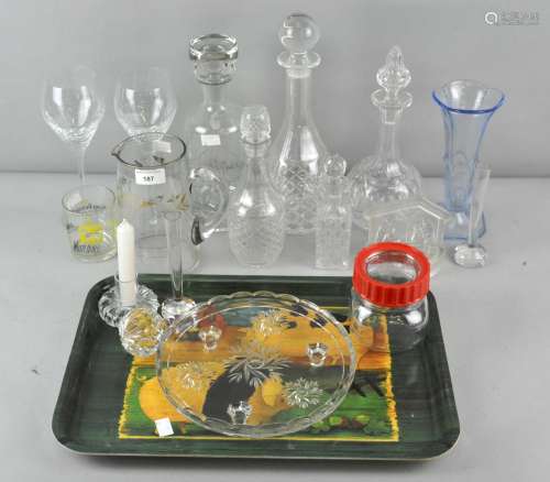 A collection of assorted glassware, including a 19th century glass water jug with gilt decoration,
