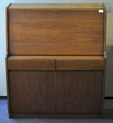 A 1970's Teak wood Remploy bureau, fall front door with fitted interior, over two draws and cover,